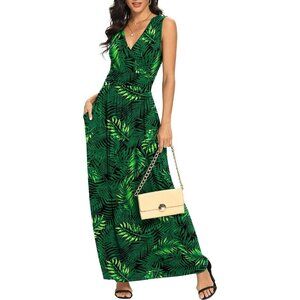 Women Leaf Green Deep V Neck Sleeveless Loose Plain Long Maxi Stretchy Dress